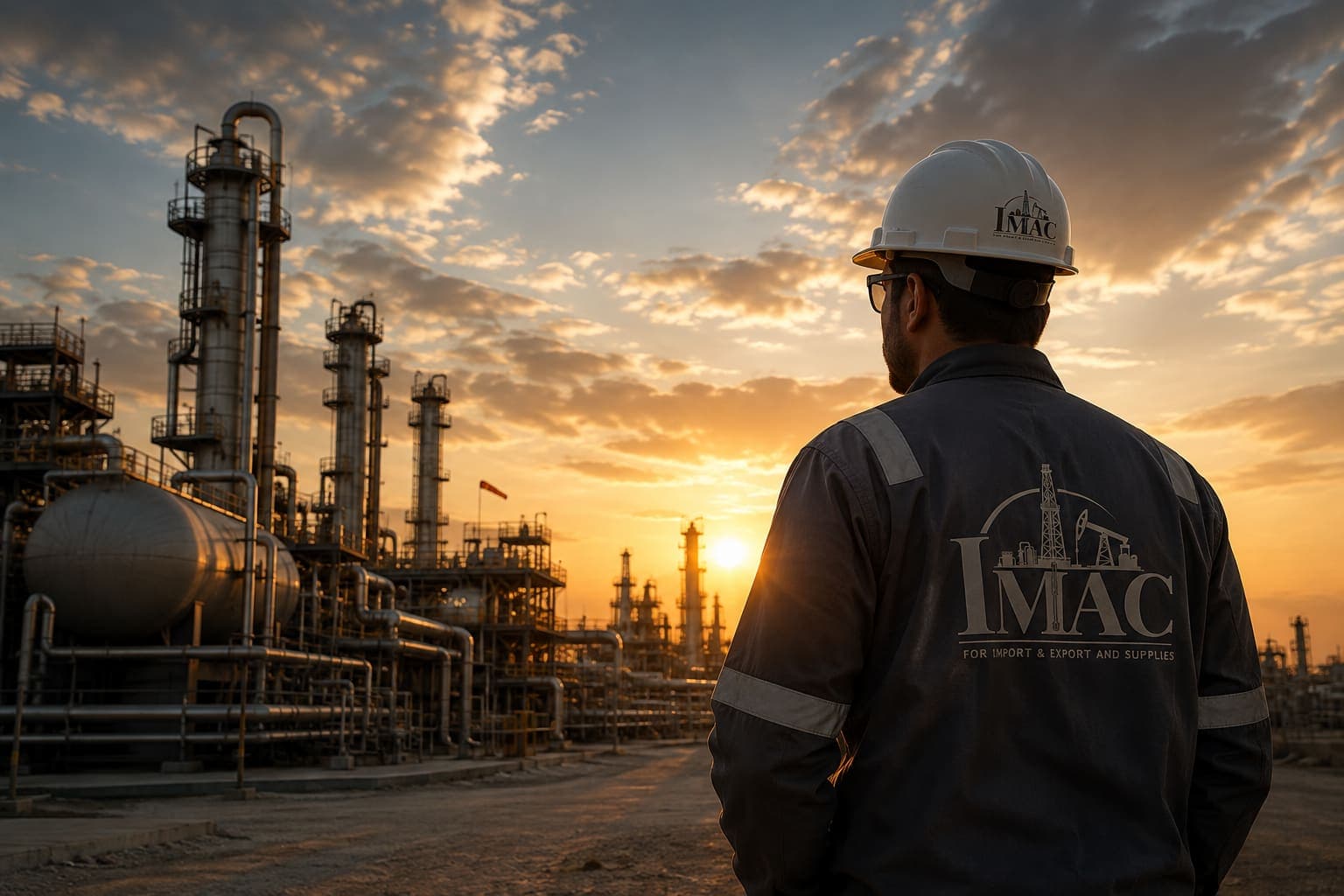 IMAC engineer at a refinery at sunset