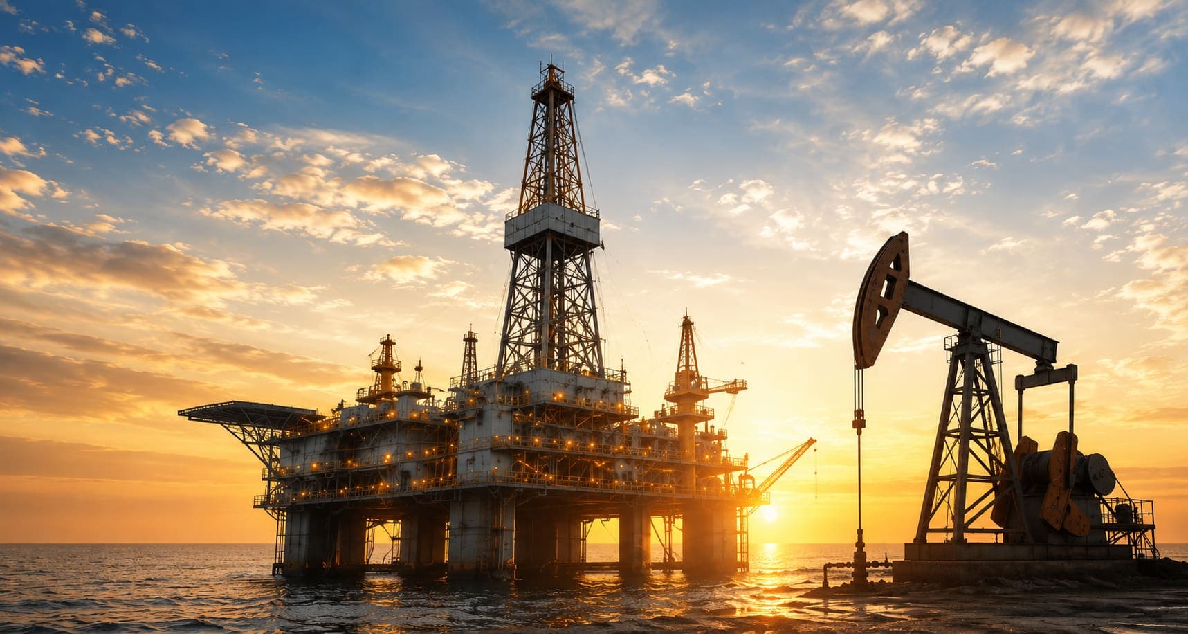 Offshore drilling rig and pump jack at sunset